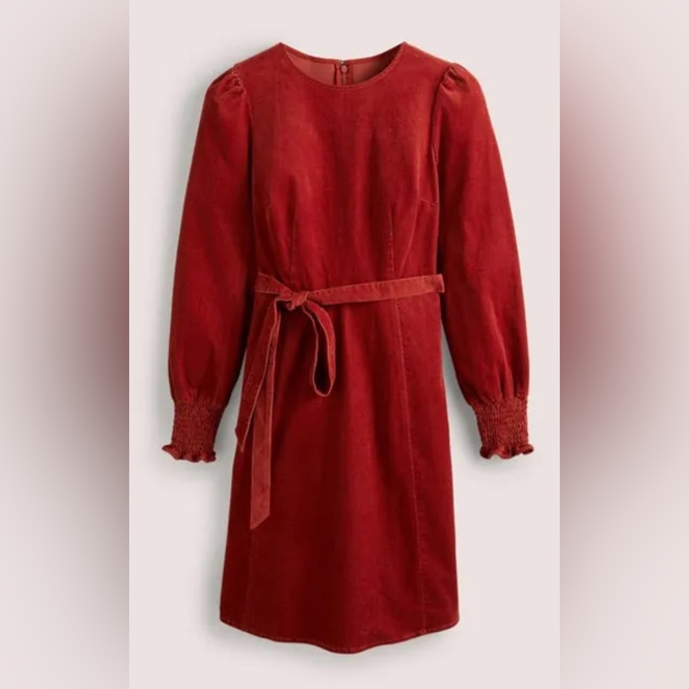 Boden Smocked Cuff Long Sleeve Corduroy Midi Dress In Rust Size 6P